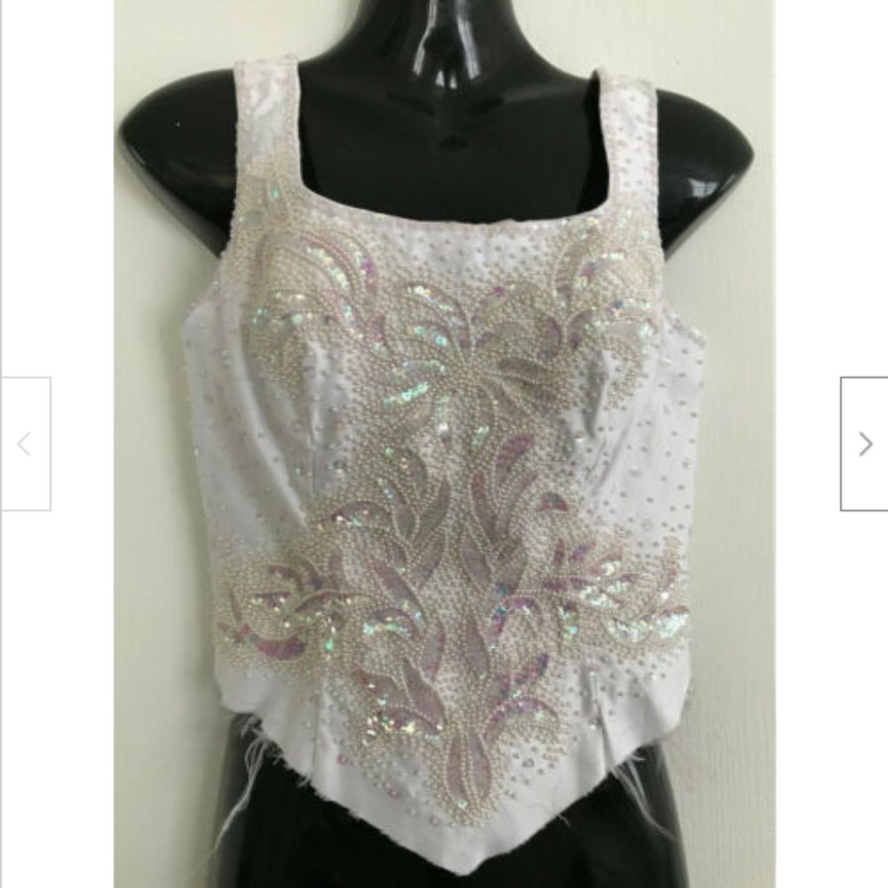 Unfinished White Satin Dress Bodice Hand Beaded w/ Pearl Beads Sequins Bust 36